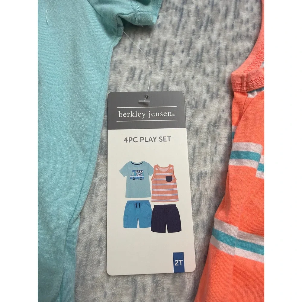 Berkley Jensen Toddler Boys 4PC Play Set Shark T-Shirt Tank Shorts‎ Aqua Navy 2T